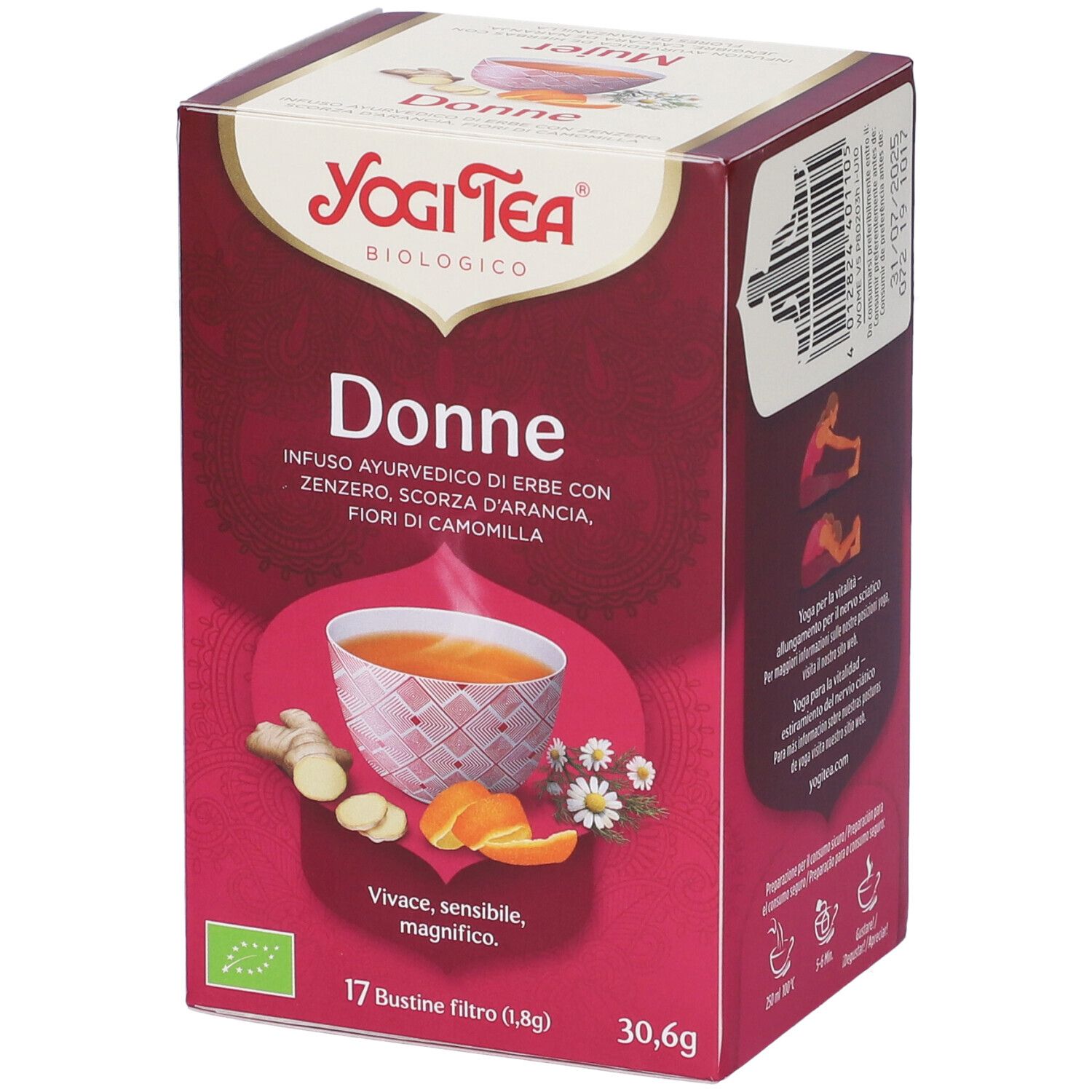 Confezione Yogi Tea Donne Bio. Scatola rosso scuro con immagine tè, ingredienti e logo. 17 bustine, 30,6g.