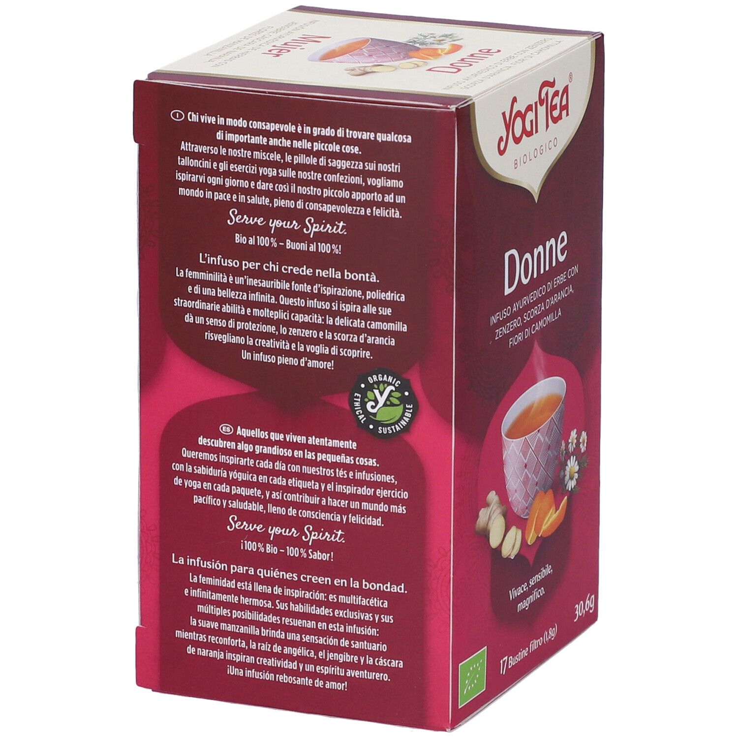 Retro confezione Yogi Tea Donne Bio. Testo e immagine tè. Ingredienti e logo. 17 bustine, 30,6g.