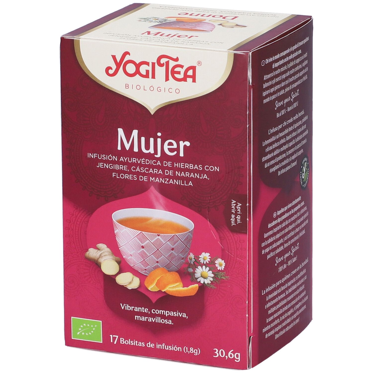 Confezione Yogi Tea Mujer Bio. Scatola rosso scuro con immagine tè, ingredienti e logo. 17 bustine, 30,6g.