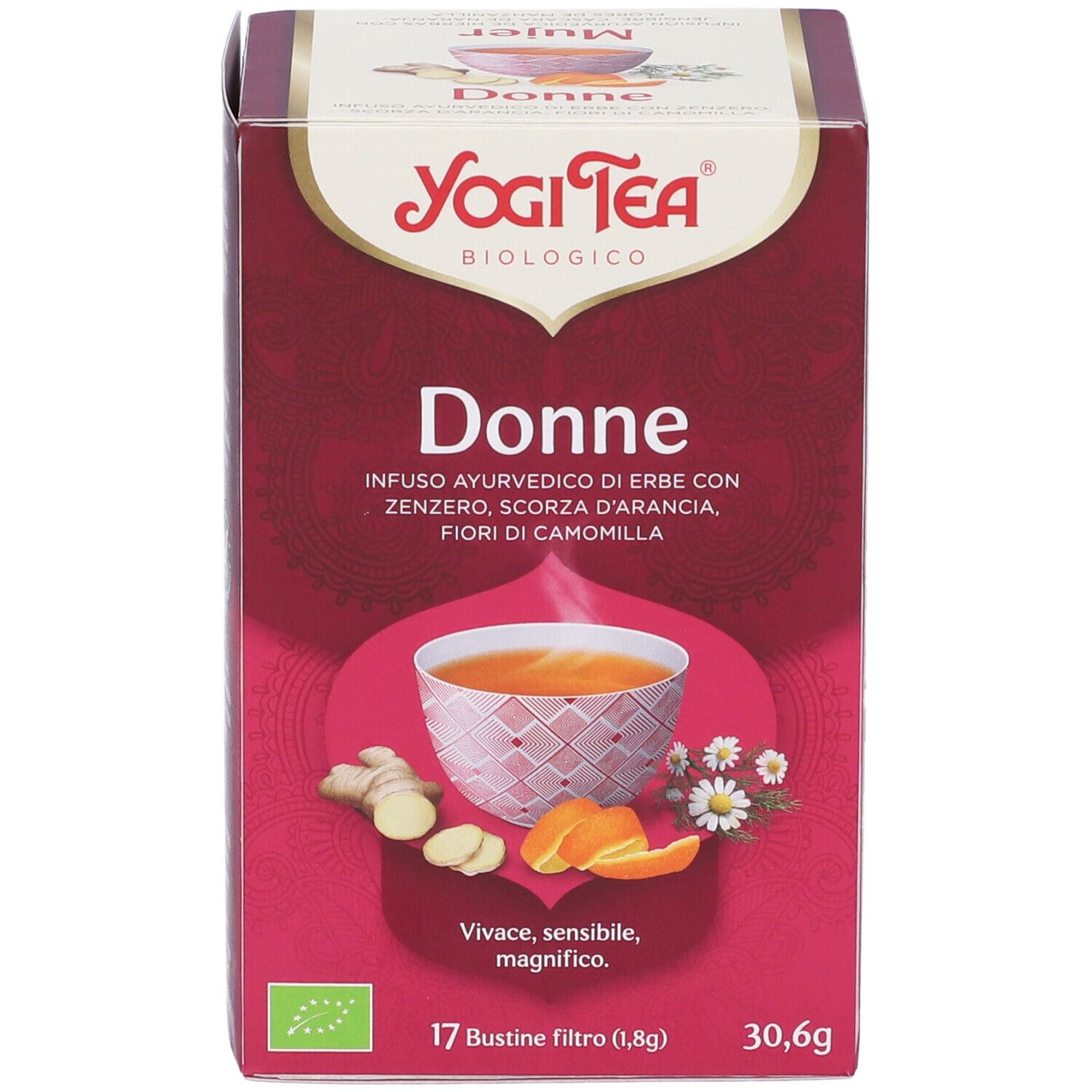 Confezione Yogi Tea Donne Bio. Scatola rosso scuro con immagine tè, ingredienti e logo. 17 bustine, 30,6g.