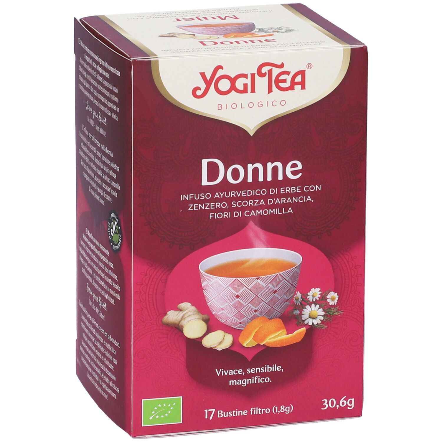 Confezione Yogi Tea Donne Bio. Scatola rosso scuro con immagine tè, ingredienti e logo. 17 bustine, 30,6g.