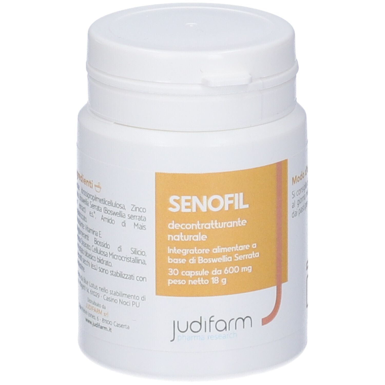 Flacone bianco con etichetta gialla. Scritta: SENOFIL, decontratturante naturale. 30 capsule, 600 mg, 18 g. Logo Judifarm.