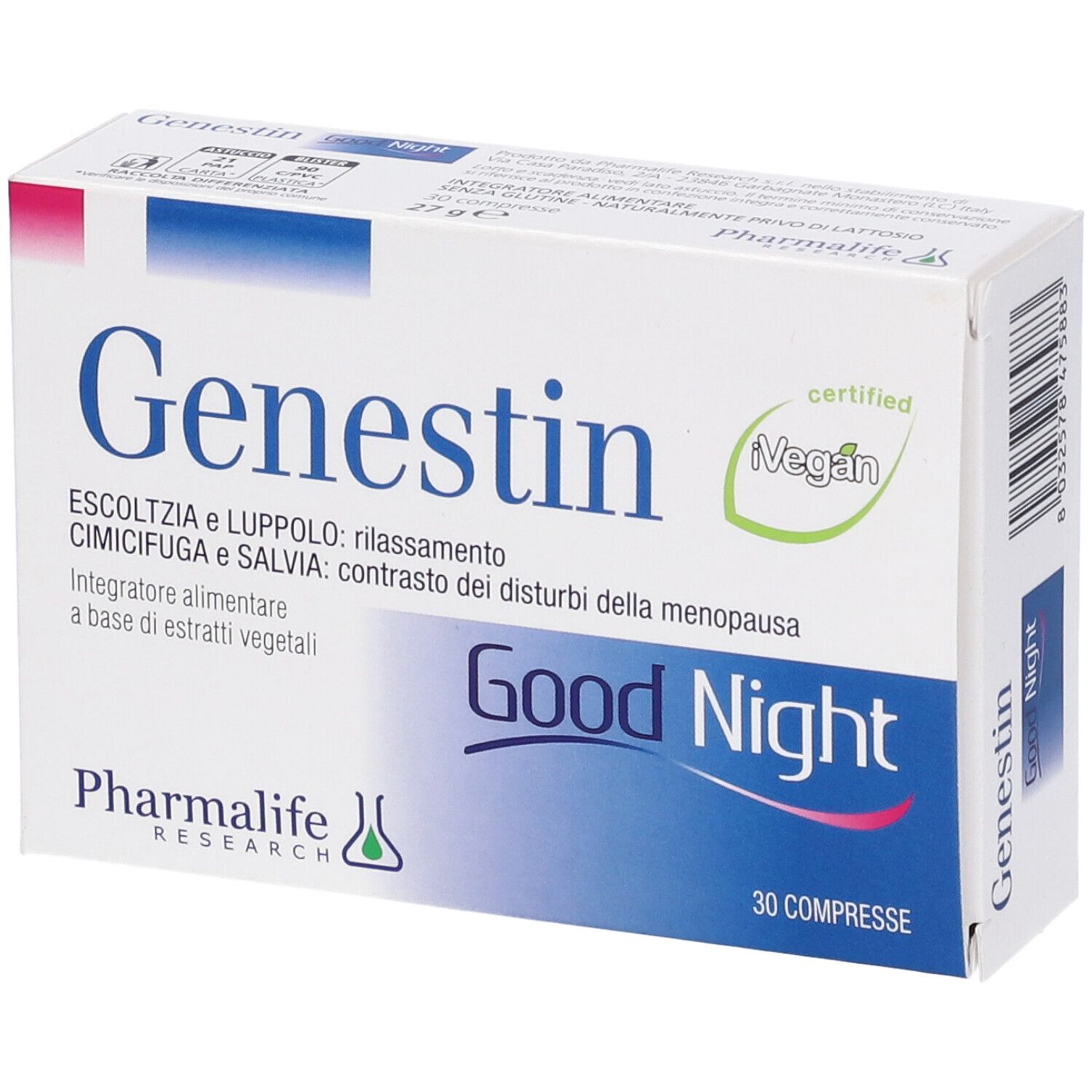 Scatola di Genestin Good Night. Scritto: 30 compresse. Certificazione vegana.