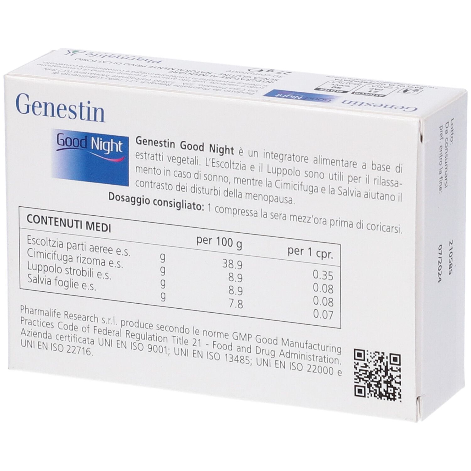Retro della scatola Genestin Good Night. Testo: ingredienti, dosaggio, informazioni produttore.