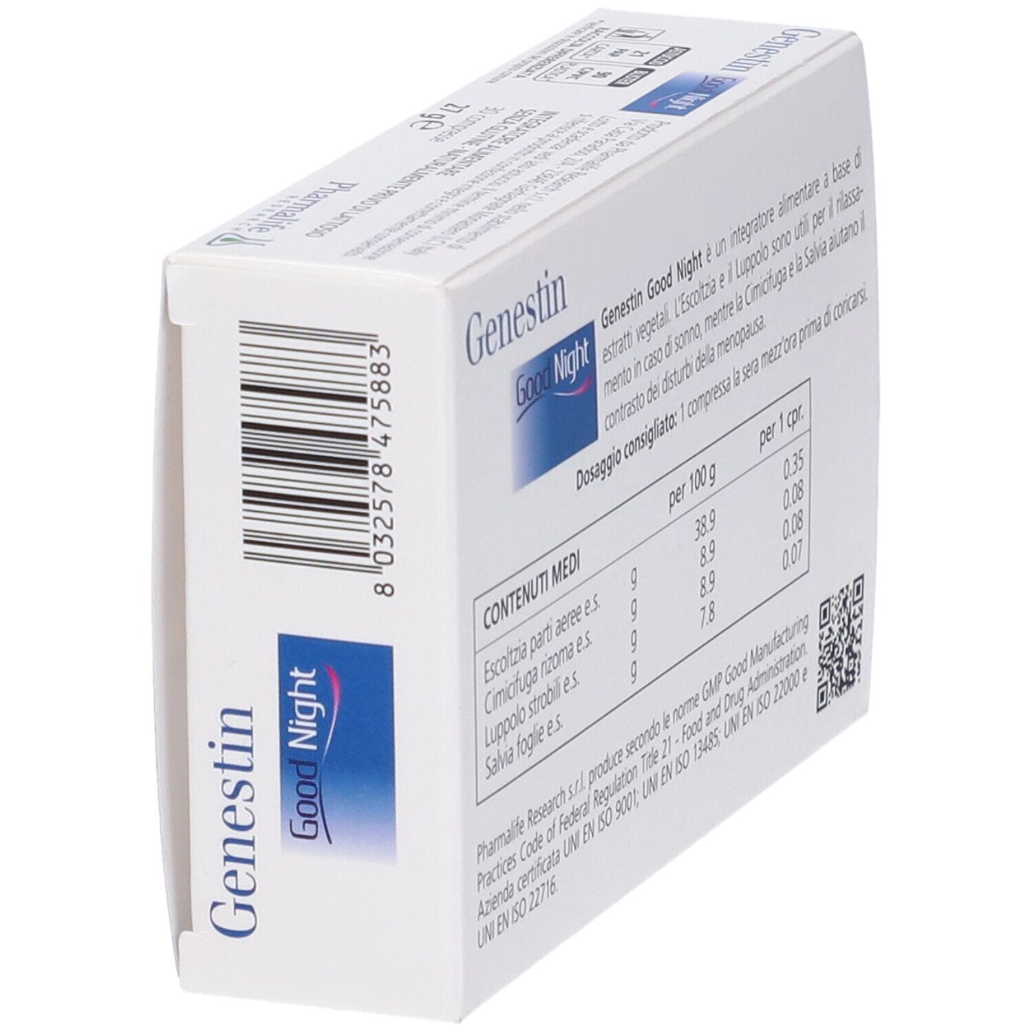 Scatola Genestin Good Night, angolata. Retro con testo e codice QR.
