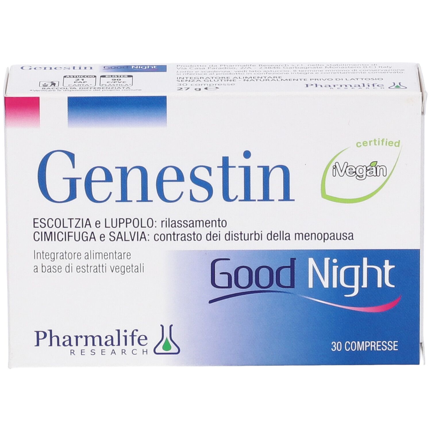 Scatola Genestin Good Night. Scritto: 30 compresse. Certificazione vegana.