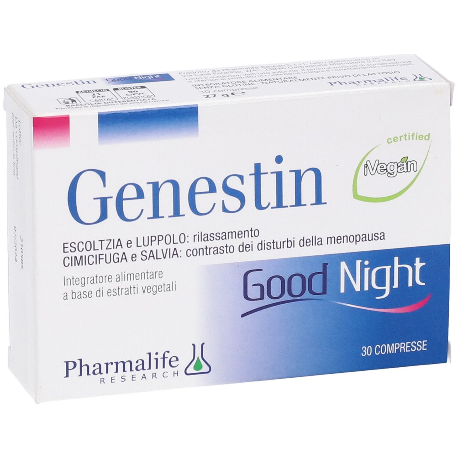 Scatola Genestin Good Night. Scritto: 30 compresse. Certificazione vegana.