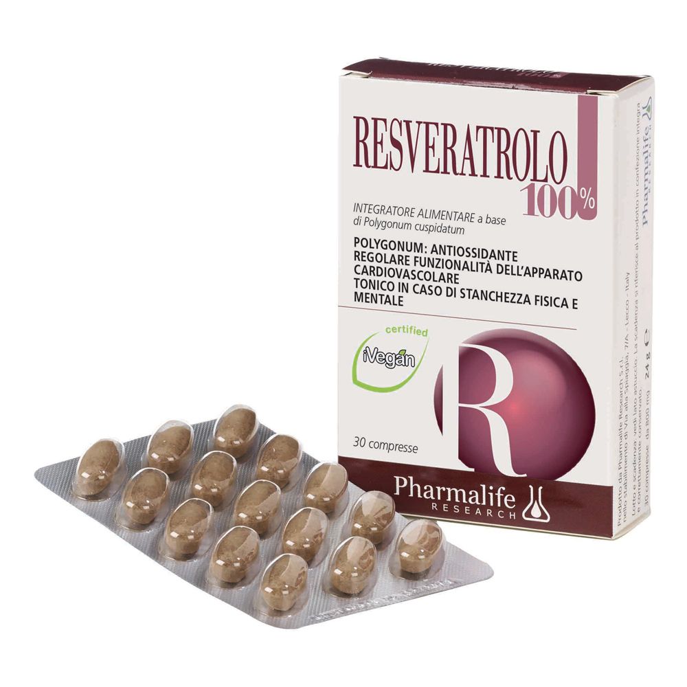 Blister di compresse e confezione. Scritta: Resveratrolo 100%. Certificazione vegana. 30 compresse.