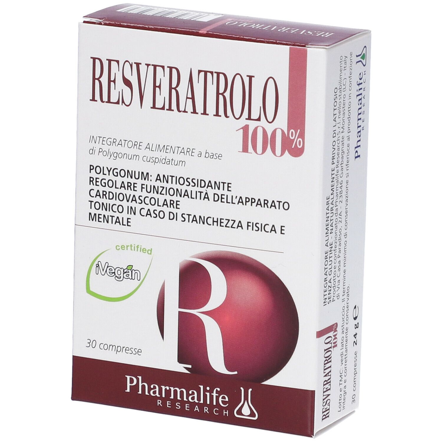 Confezione del prodotto con scritta: Resveratrolo 100%. Certificazione vegana. 30 compresse. Marchio: Pharmalife Research.