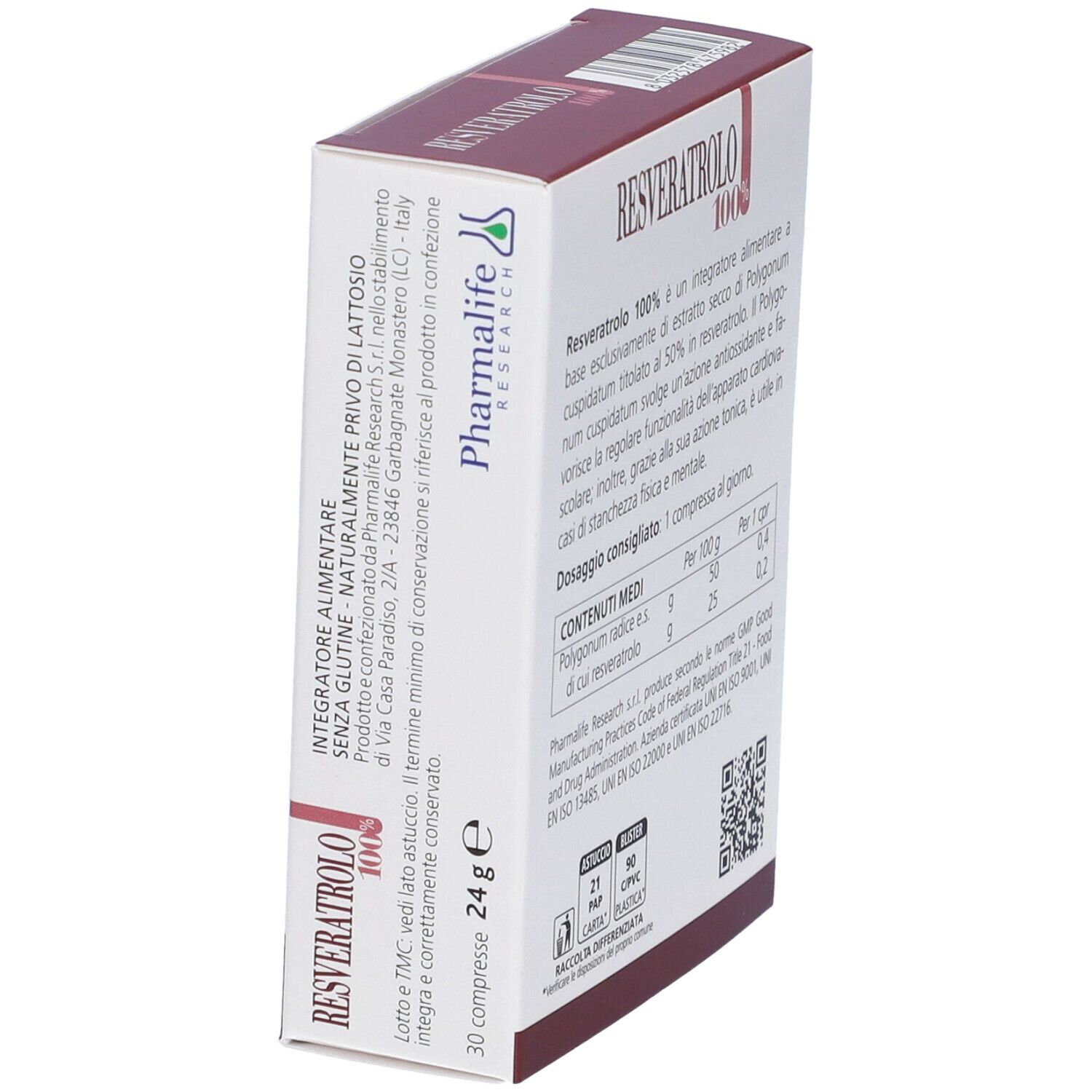 Confezione del prodotto con scritta: Resveratrolo 100%. Vista laterale con informazioni del produttore e ingredienti.