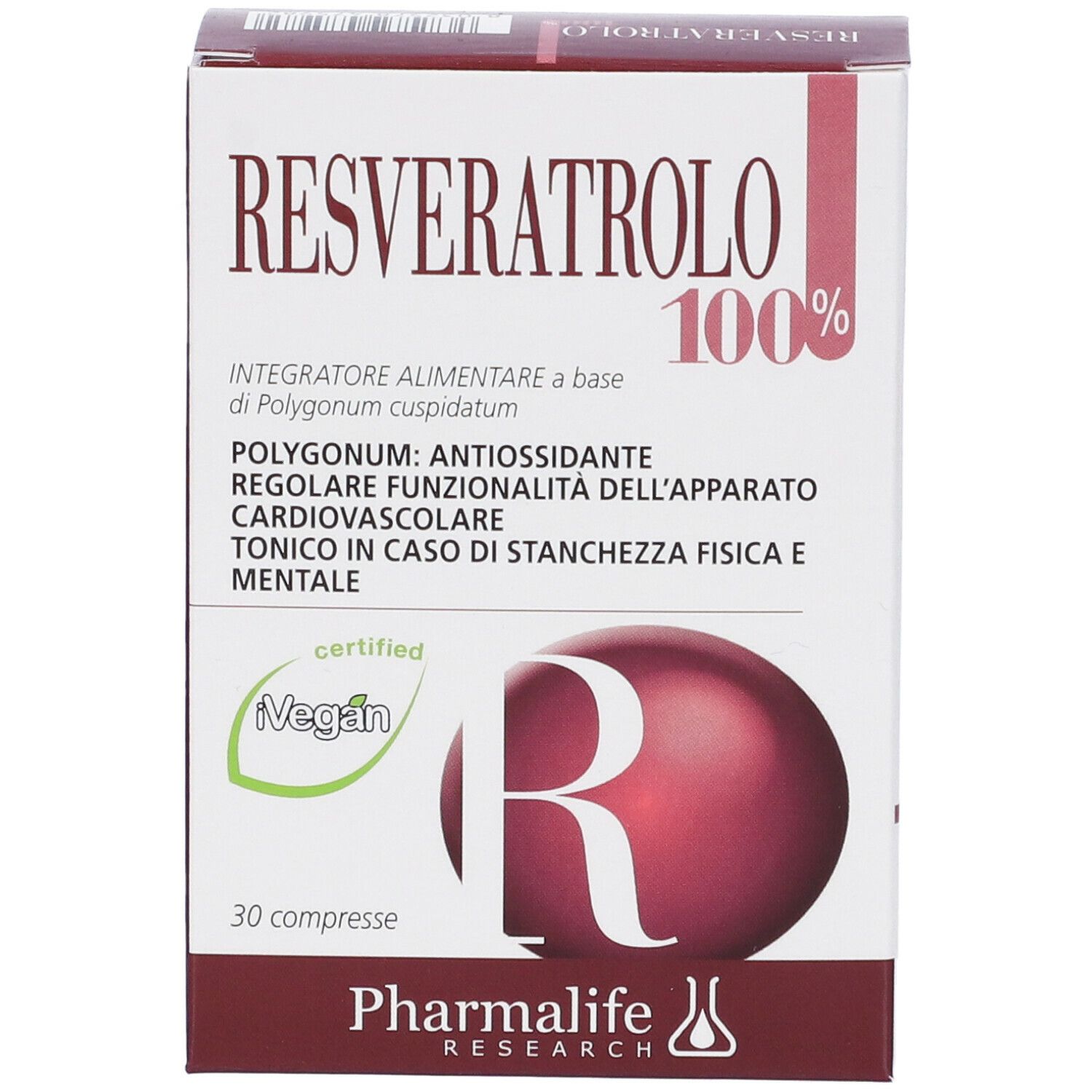 Confezione del prodotto con scritta: Resveratrolo 100%. Certificazione vegana. 30 compresse. Marchio: Pharmalife Research.
