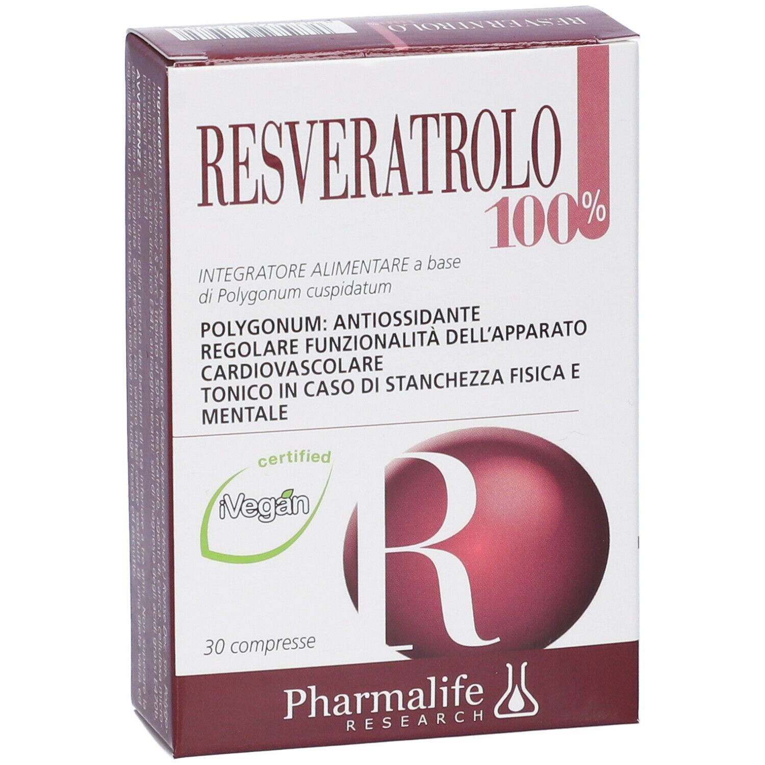 Confezione del prodotto con scritta: Resveratrolo 100%. Certificazione vegana. 30 compresse. Marchio: Pharmalife Research.