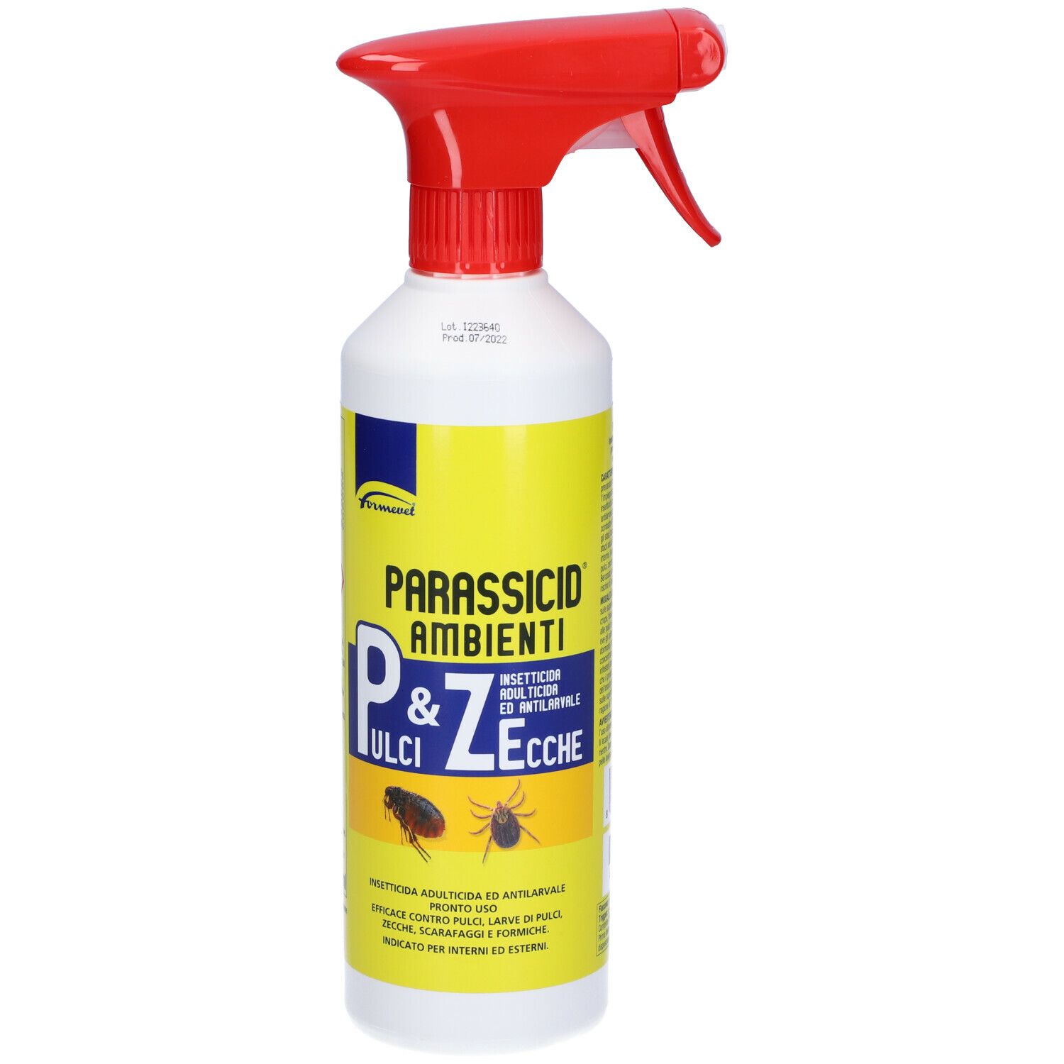 Flacone spray con erogatore rosso ed etichetta gialla. Testo: PARASSICID AMBIENTI P& PULCI & ZECCHE. Immagine di pulce e zecca.