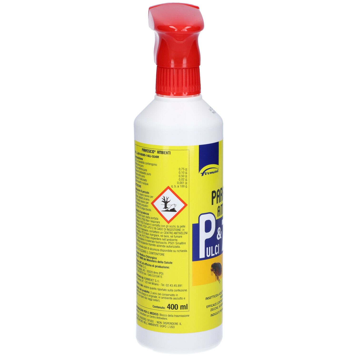Flacone spray bianco con erogatore rosso. Etichetta gialla con testo e pittogrammi. Contiene 400 ml.