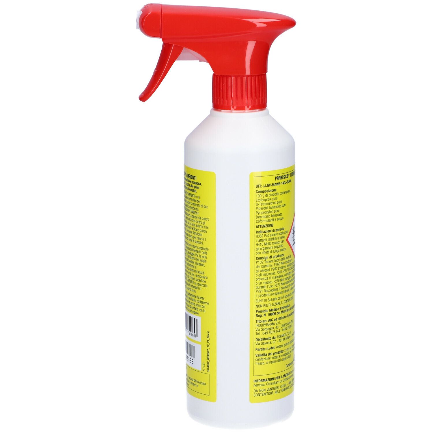 Flacone spray bianco con erogatore rosso. Etichetta gialla con testo e pittogrammi. Vista posteriore.