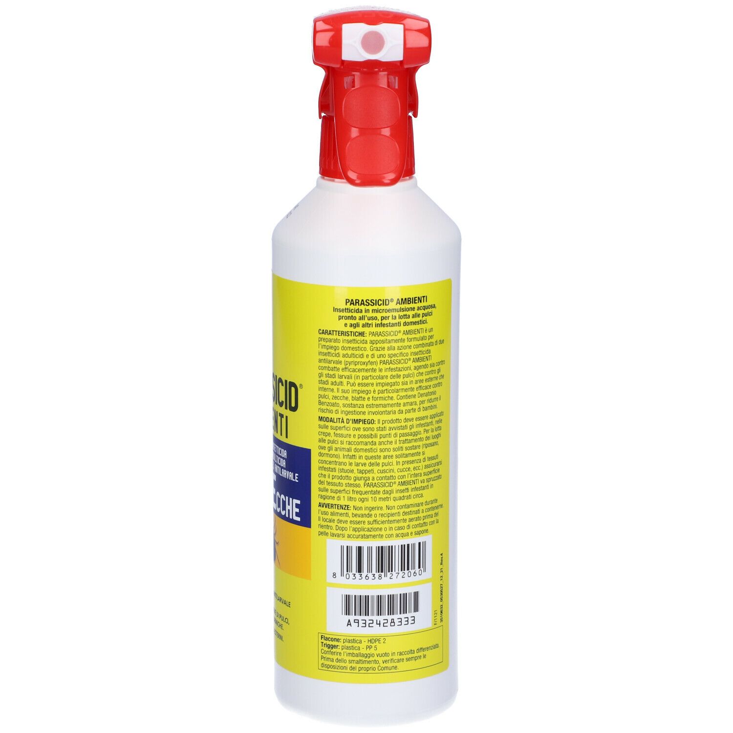 Retro di un flacone spray bianco con erogatore rosso. Etichetta gialla con testo e codice a barre.