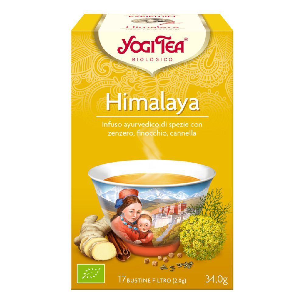 Confezione gialla Yogi Tea Himalaya. Immagine di tè con zenzero, finocchio, cannella. 17 bustine, 34,0g.