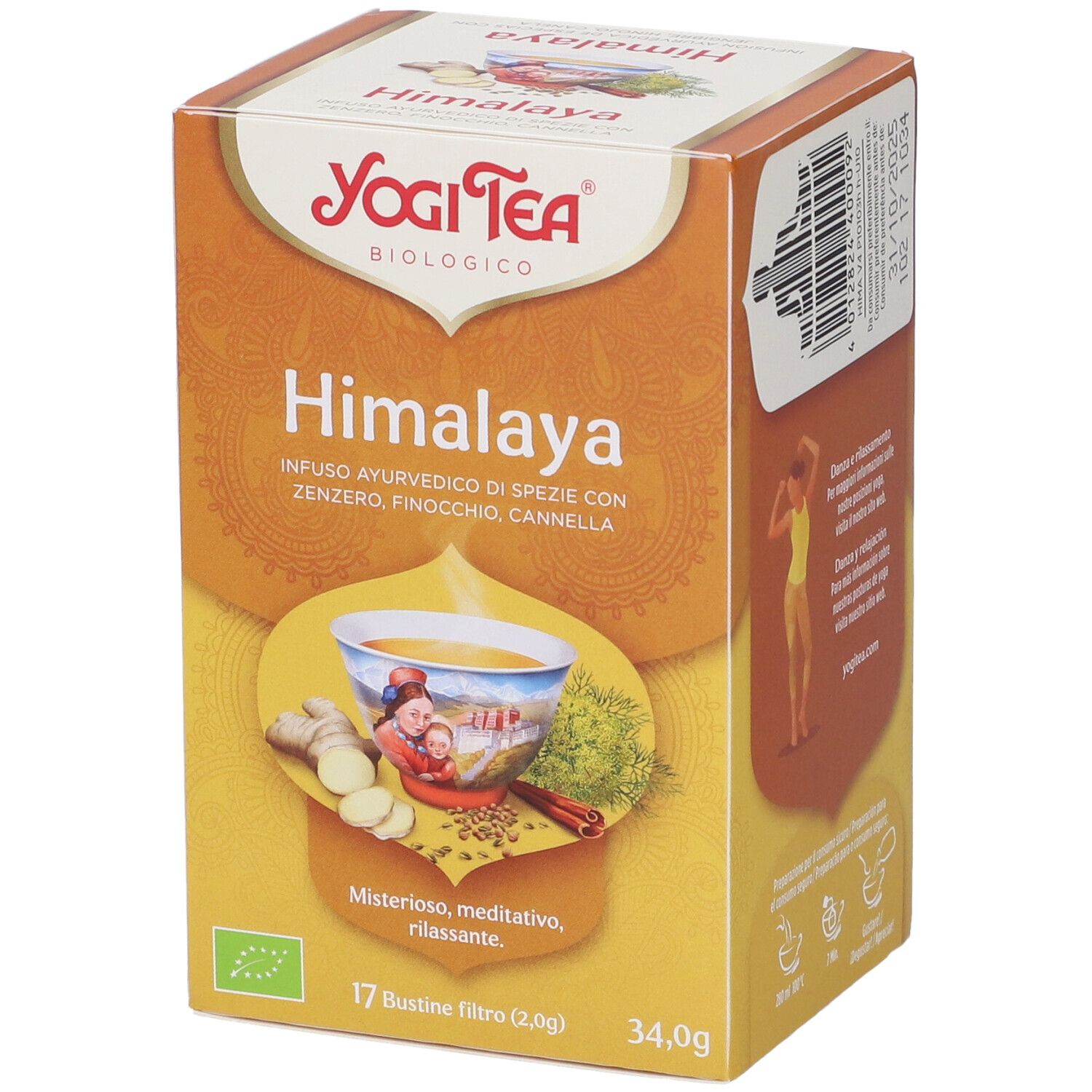 Confezione Yogi Tea Himalaya. Immagine di tè con zenzero, cannella, finocchio. 17 bustine, 34,0g. Bio.