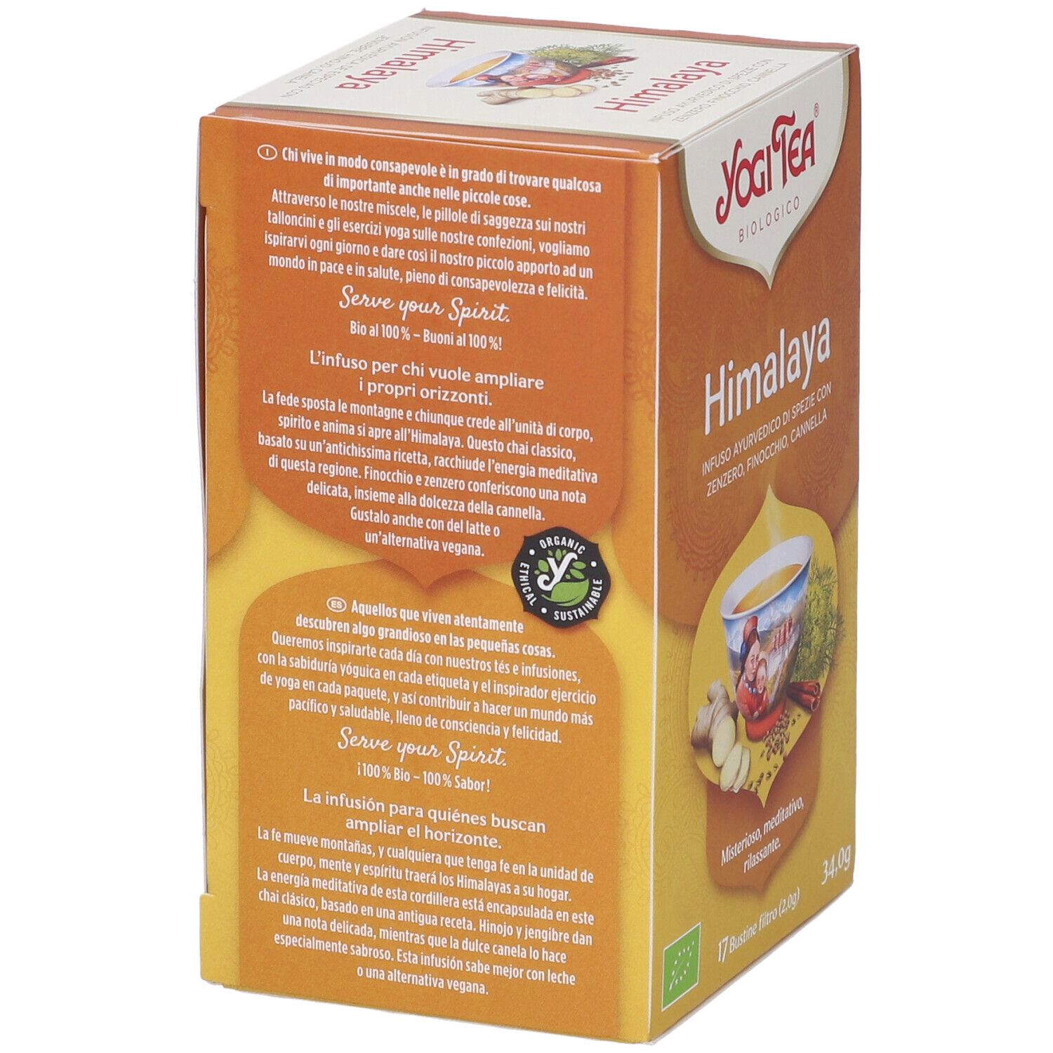 Confezione Yogi Tea Himalaya. Retro con testo. Bio. 17 bustine, 34,0g. Testo sul tè.