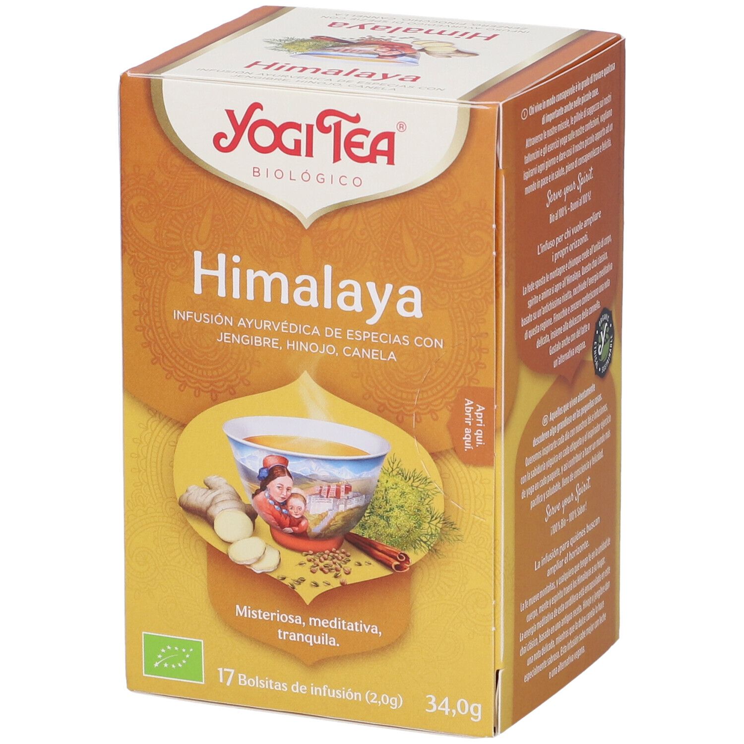 Confezione Yogi Tea Himalaya. Immagine di tè con zenzero, finocchio, cannella. 17 bustine, 34,0g. Bio.