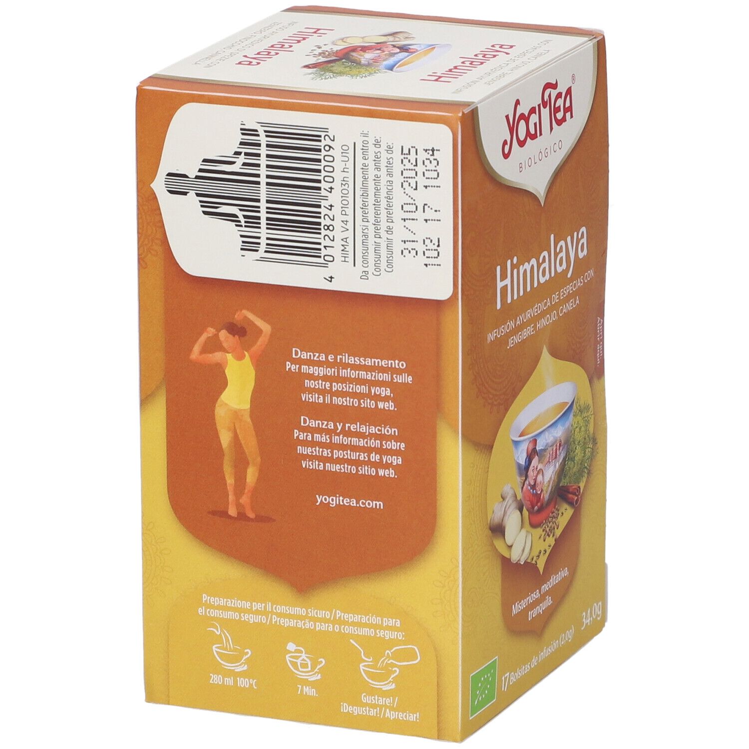 Confezione Yogi Tea Himalaya. Retro con testo e codice a barre. 17 bustine, 34,0g. Bio.