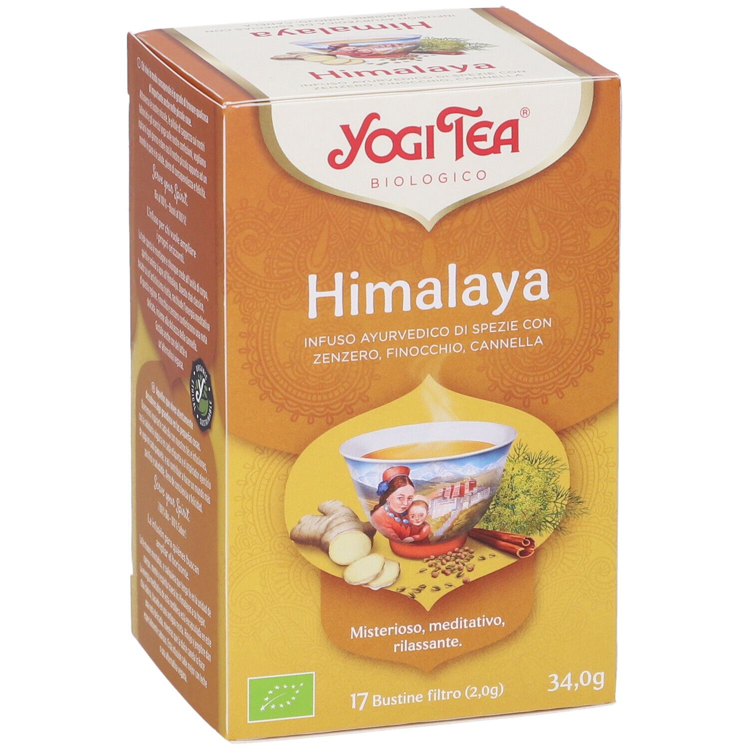 Confezione Yogi Tea Himalaya. Immagine di tè con zenzero, finocchio, cannella. 17 bustine, 34,0g. Bio.