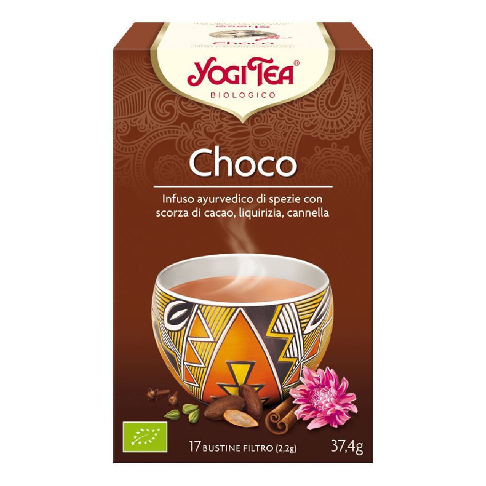 Confezione marrone Yogi Tea Choco. Scritto: Choco, infuso ayurvedico con cacao, liquirizia, cannella. 17 bustine, 37,4g.