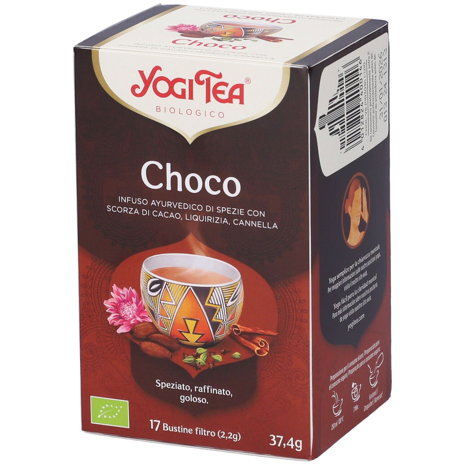 Confezione Yogi Tea Choco marrone. Scritto: Choco, infuso ayurvedico con cacao, liquirizia, cannella. 17 bustine, 37,4g. Marchio bio.