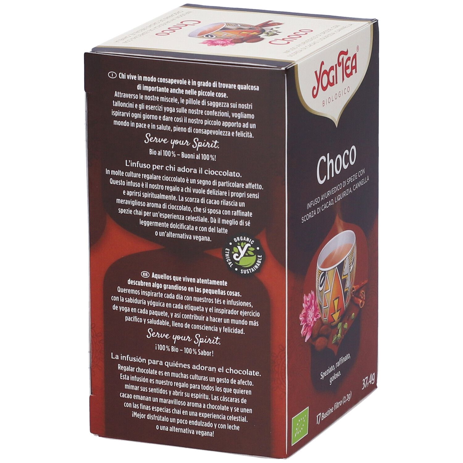 Confezione Yogi Tea Choco marrone. Scritto: Choco, infuso ayurvedico con cacao, liquirizia, cannella. Testo sul retro. Marchio bio.