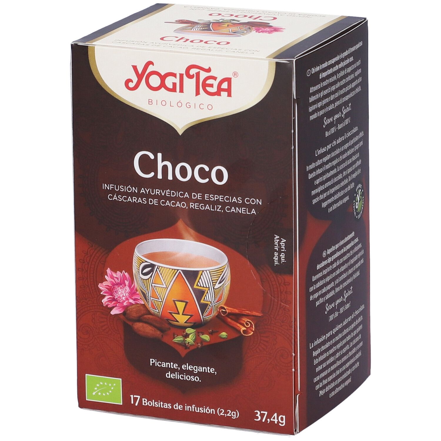 Confezione Yogi Tea Choco marrone. Scritto: Choco, infuso ayurvedico con cacao, liquirizia, cannella. 17 bustine, 37,4g. Marchio bio.