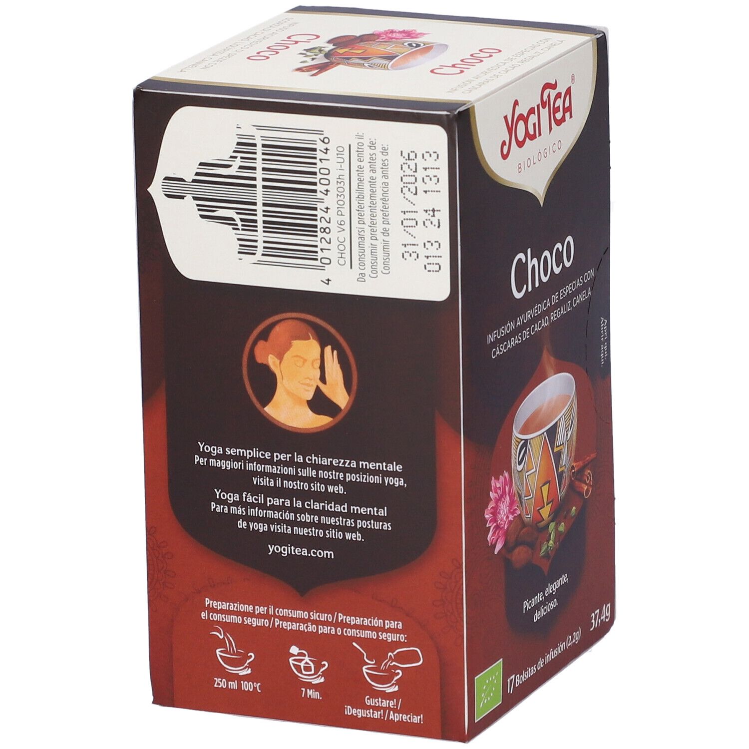 Confezione Yogi Tea Choco marrone. Scritto: Choco, infuso ayurvedico con cacao, liquirizia, cannella. 17 bustine, 37,4g. Marchio bio.