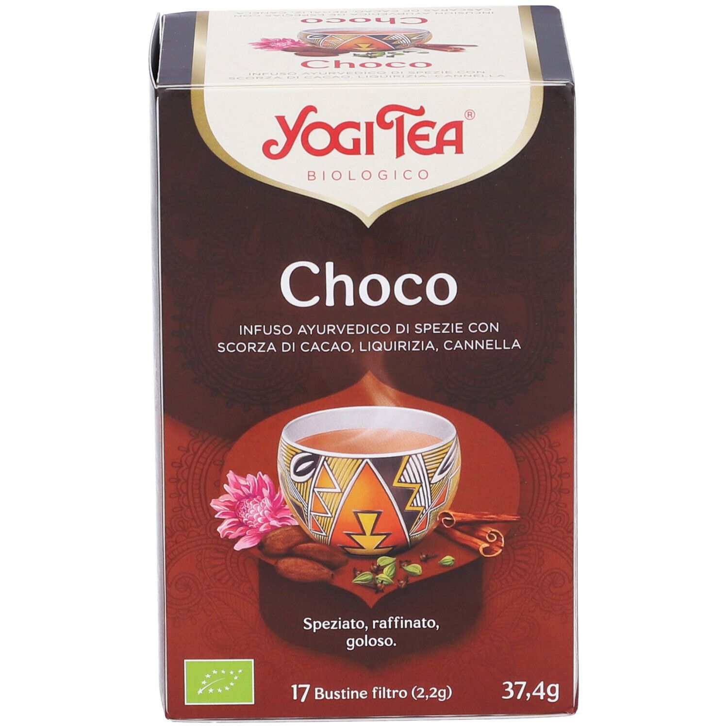 Confezione Yogi Tea Choco marrone. Scritto: Choco, infuso ayurvedico con cacao, liquirizia, cannella. 17 bustine, 37,4g. Marchio bio.