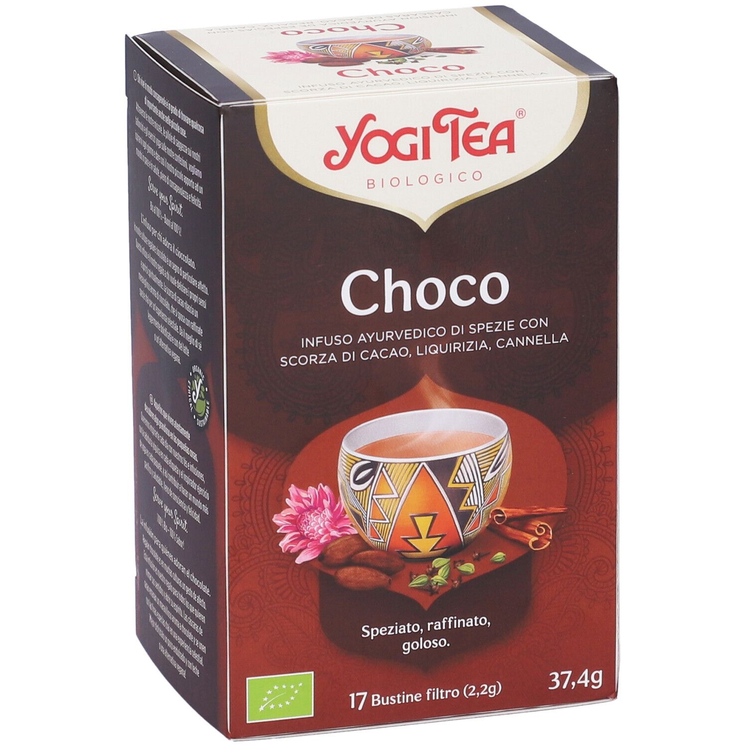 Confezione Yogi Tea Choco marrone. Scritto: Choco, infuso ayurvedico con cacao, liquirizia, cannella. 17 bustine, 37,4g. Marchio bio.