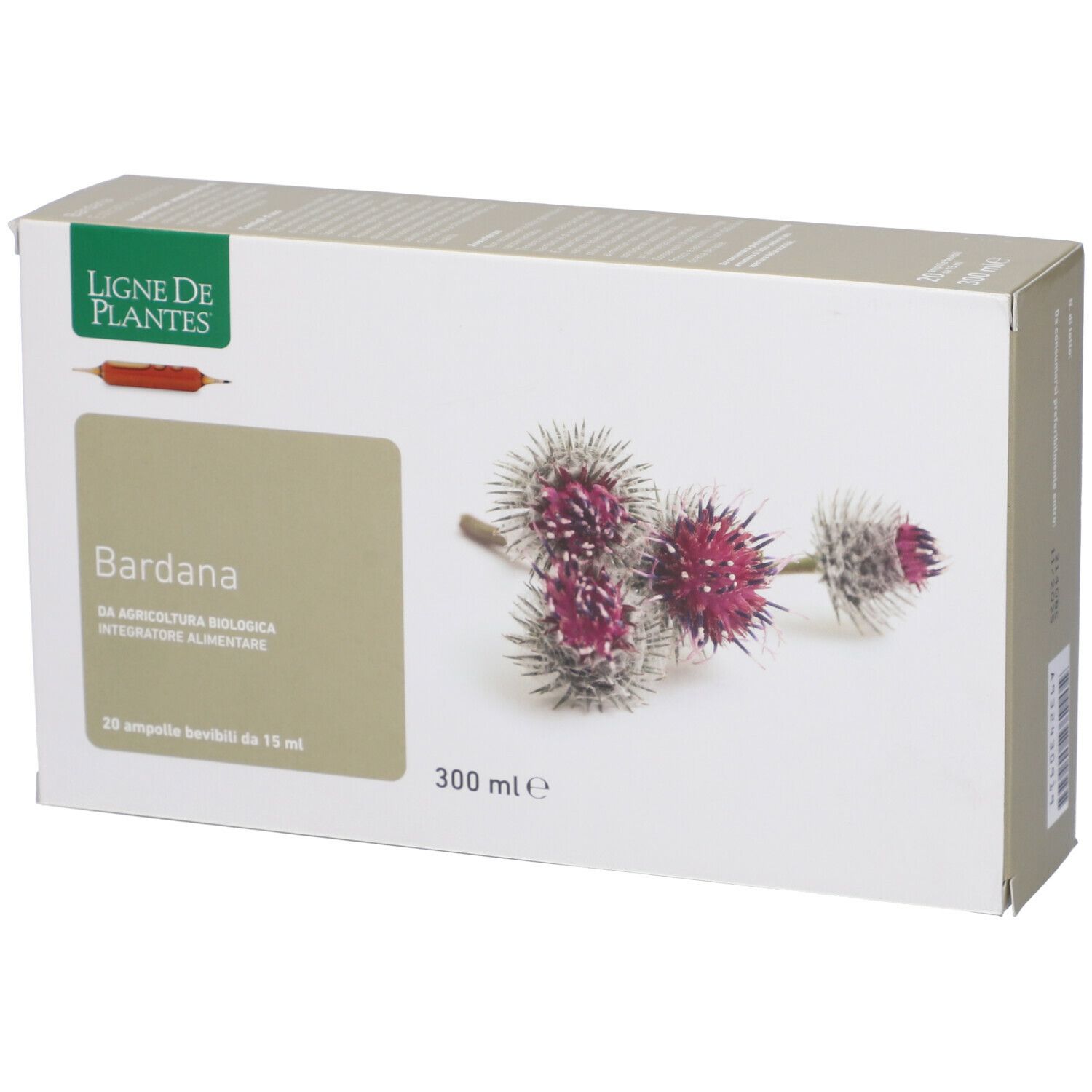 Scatola con immagine e testo. Scritto: Bardana, 20 fiale, 15 ml. Marchio: Ligne de Plantes.