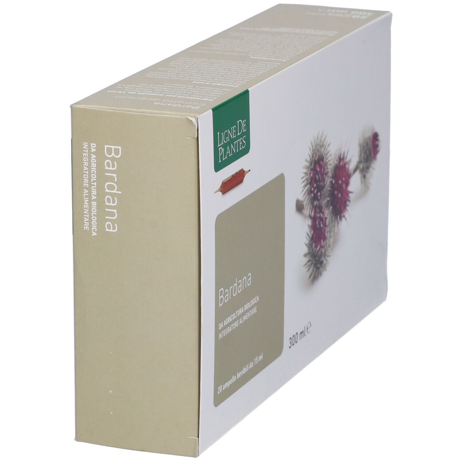 Scatola in diagonale. Scritto: Bardana, 20 fiale, 15 ml. Marchio: Ligne de Plantes. Immagine: cardo.