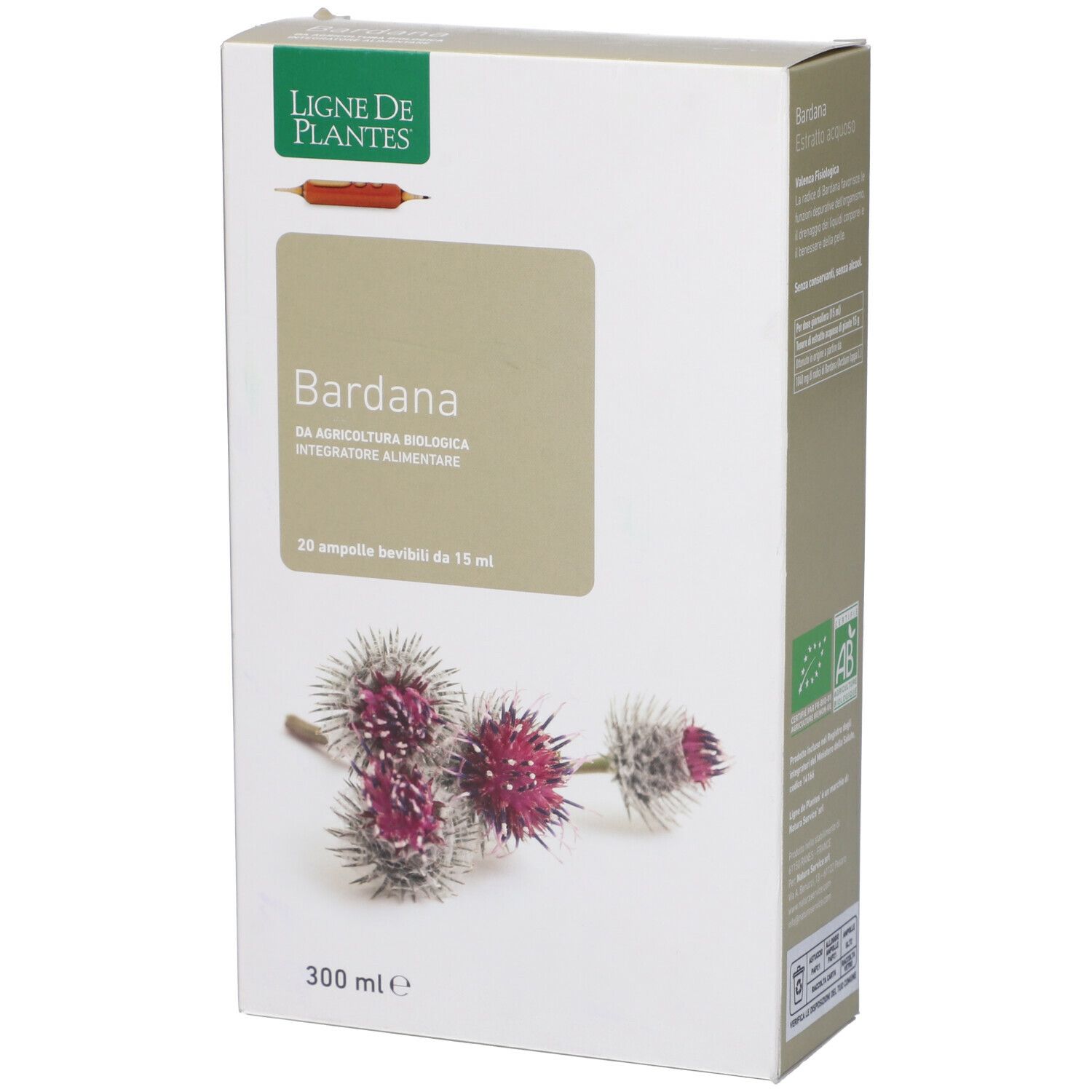 Scatola con immagine e testo. Scritto: Bardana, 20 fiale, 15 ml. Marchio: Ligne de Plantes.
