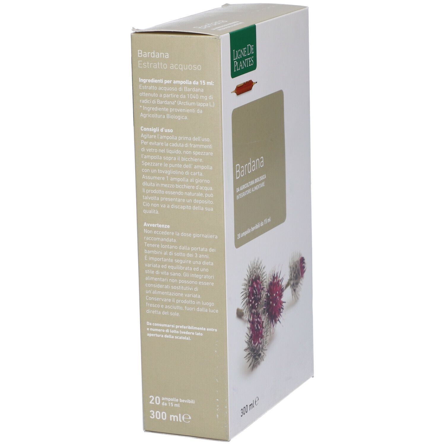 Scatola in diagonale. Scritto: Bardana, 20 fiale, 15 ml. Marchio: Ligne de Plantes. Testo e immagine.