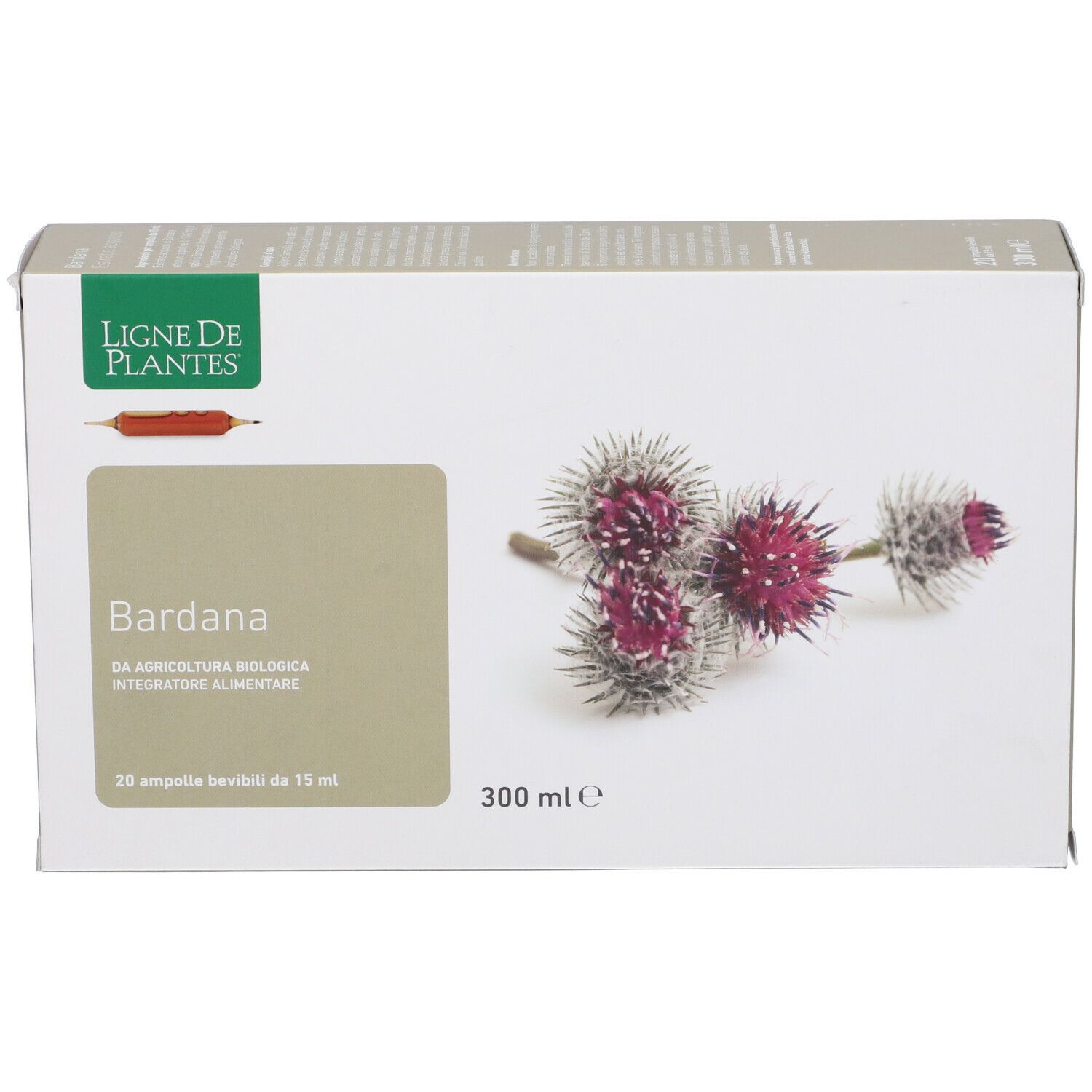 Scatola con immagine e testo. Scritto: Bardana, 20 fiale, 15 ml. Marchio: Ligne de Plantes.