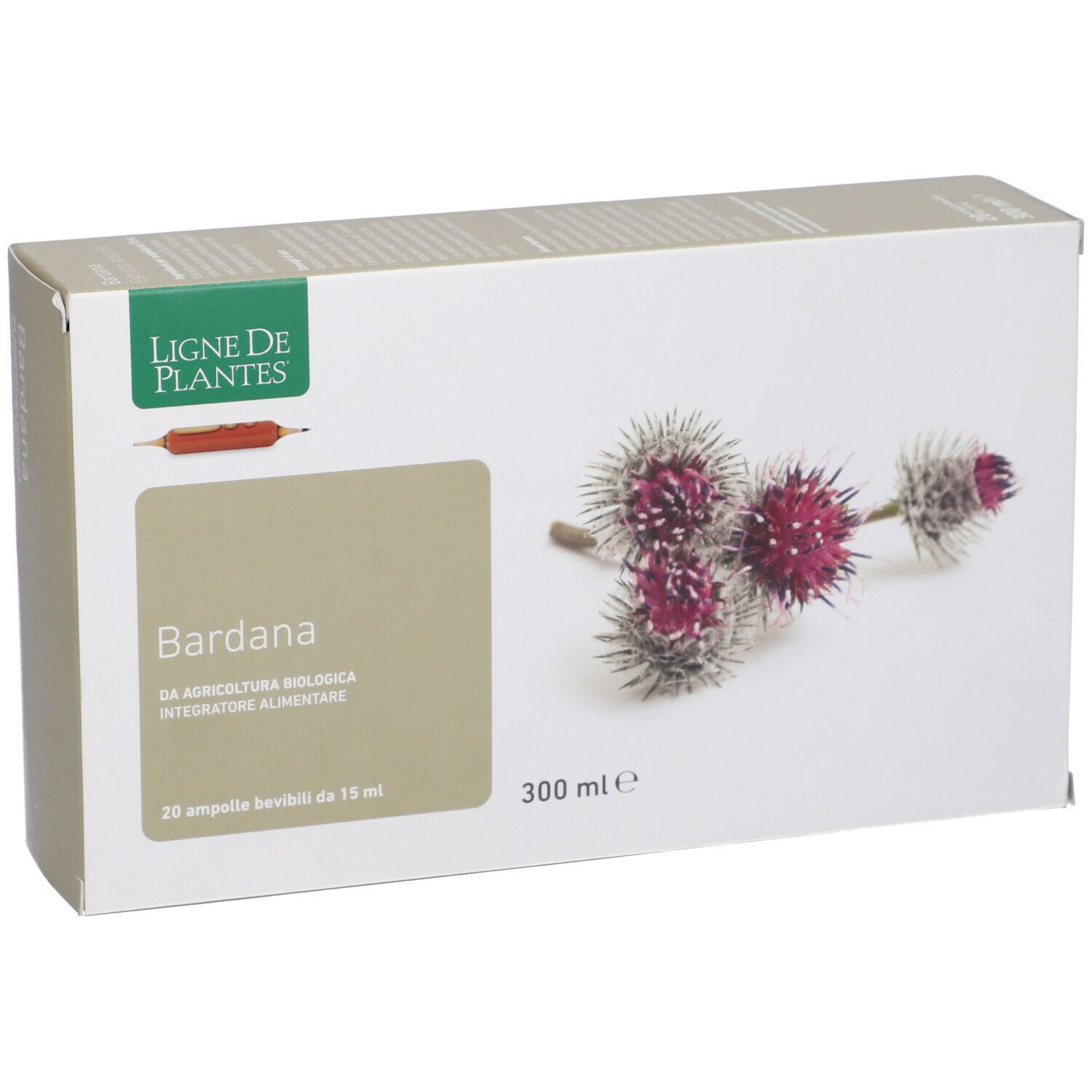 Scatola con immagine e testo. Scritto: Bardana, 20 fiale, 15 ml. Marchio: Ligne de Plantes.