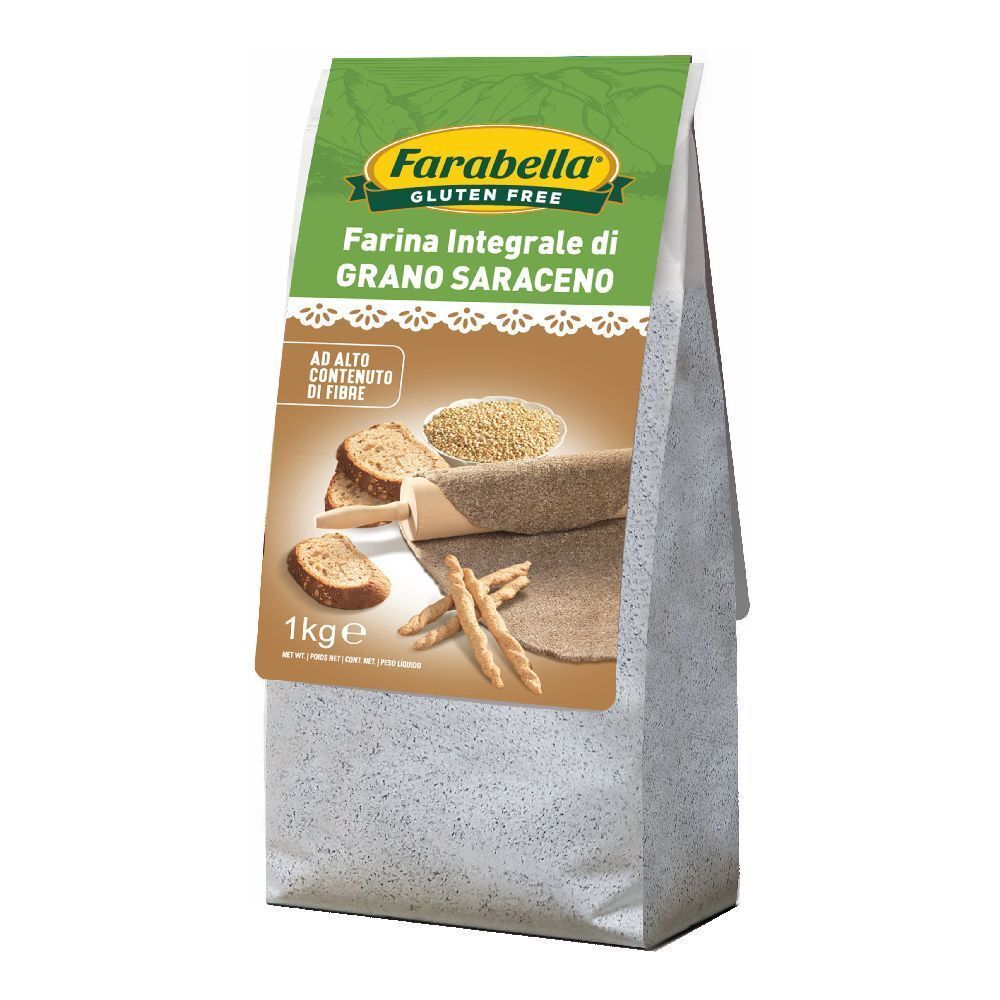 Confezione Farabella farina di grano saraceno senza glutine. Etichetta verde e bianca con illustrazioni e testo. 1 kg.