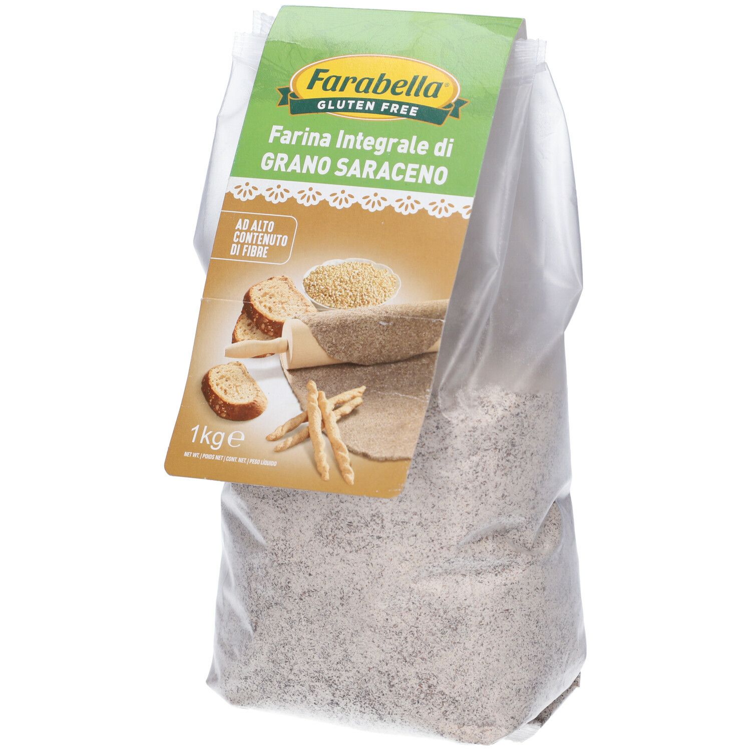 Confezione trasparente con farina di grano saraceno Farabella. Etichetta verde e bianca. 1 kg.