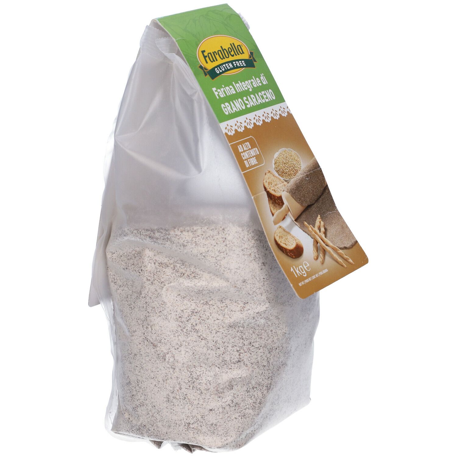 Confezione Farabella farina di grano saraceno. Etichetta verde e bianca. 1 kg. Parzialmente trasparente.