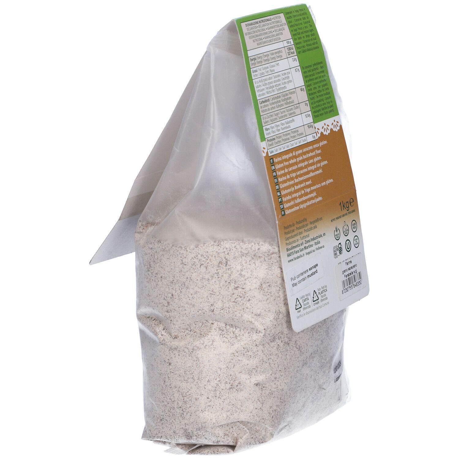 Retro della confezione di farina di grano saraceno Farabella. Informazioni nutrizionali, testo multilingue e certificazioni.