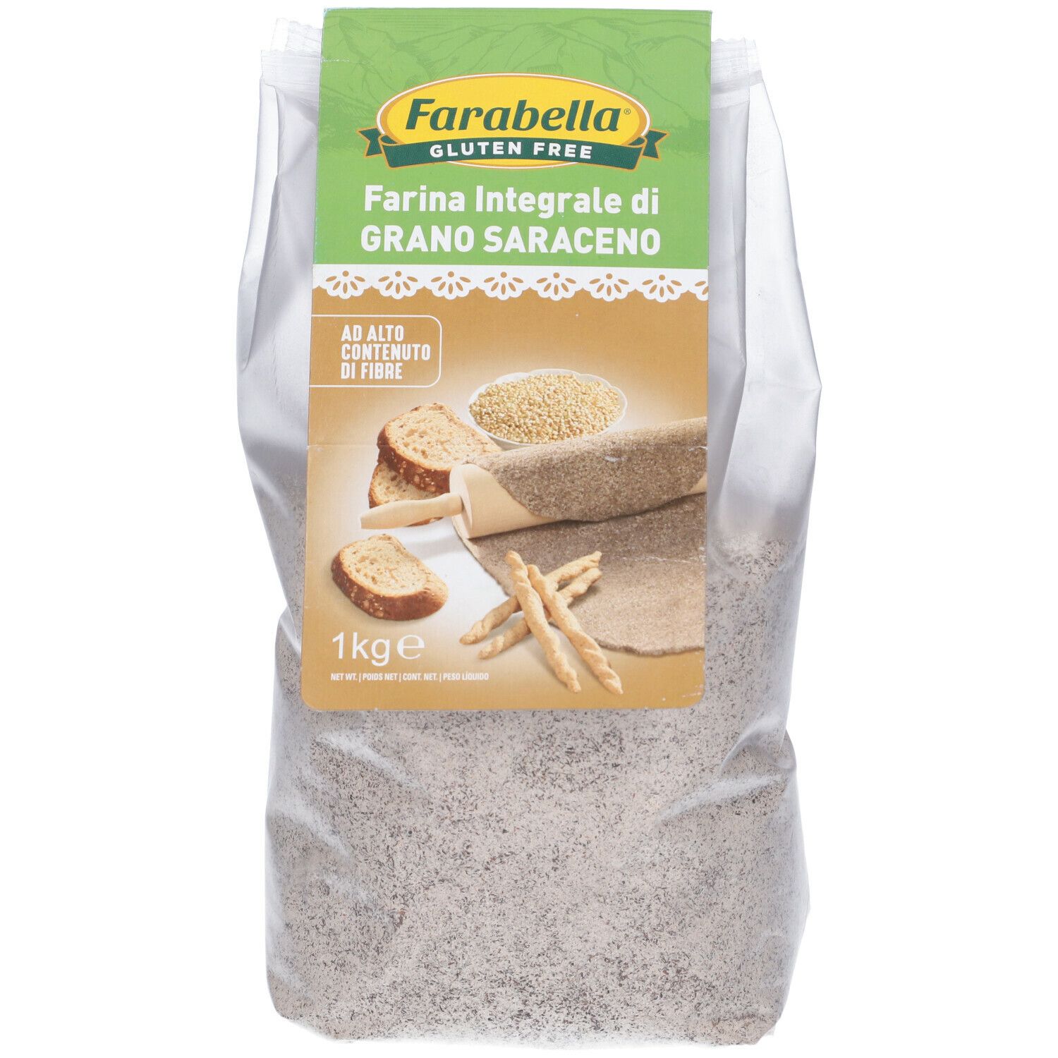 Confezione Farabella farina di grano saraceno. Etichetta verde e bianca con illustrazioni e testo. 1 kg.