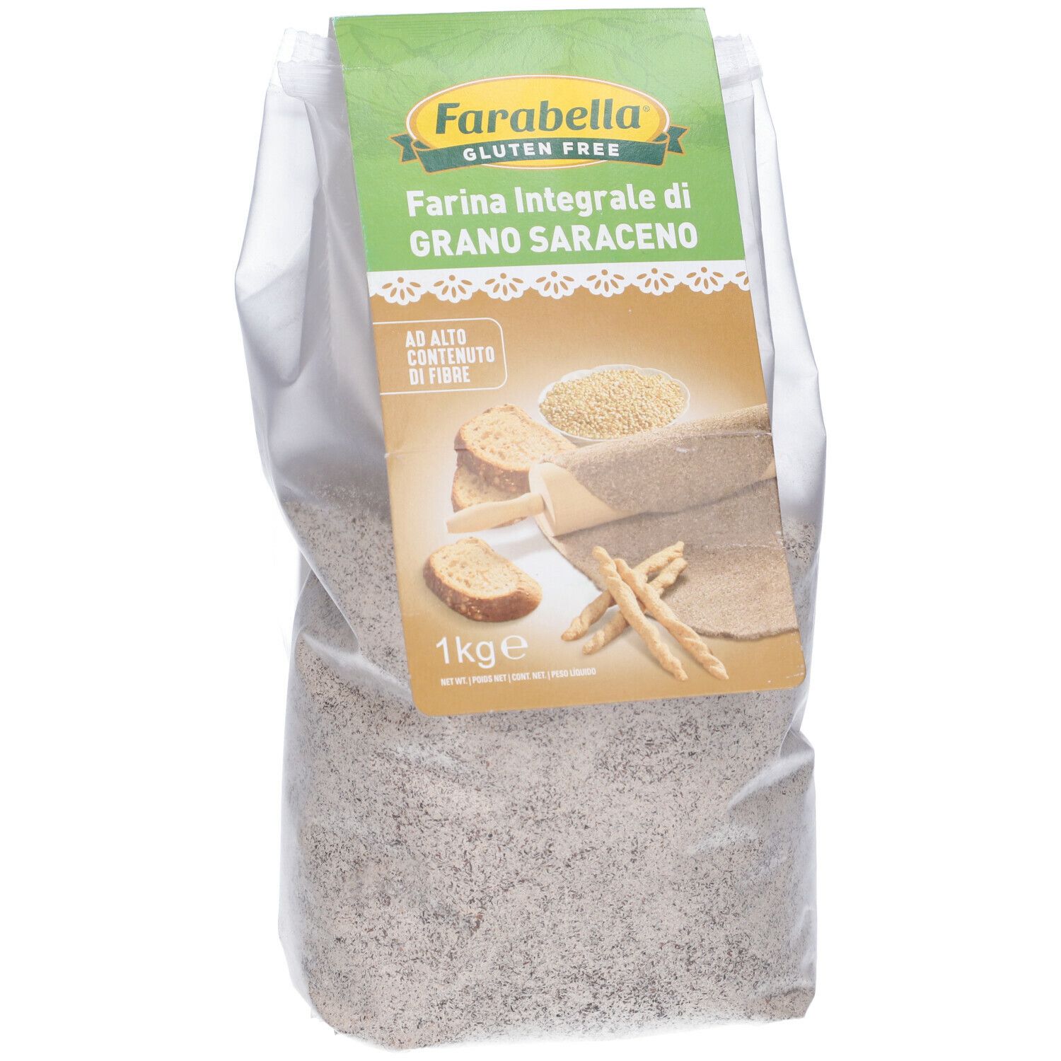 Confezione Farabella farina di grano saraceno. Etichetta verde e bianca con illustrazioni e testo. 1 kg.