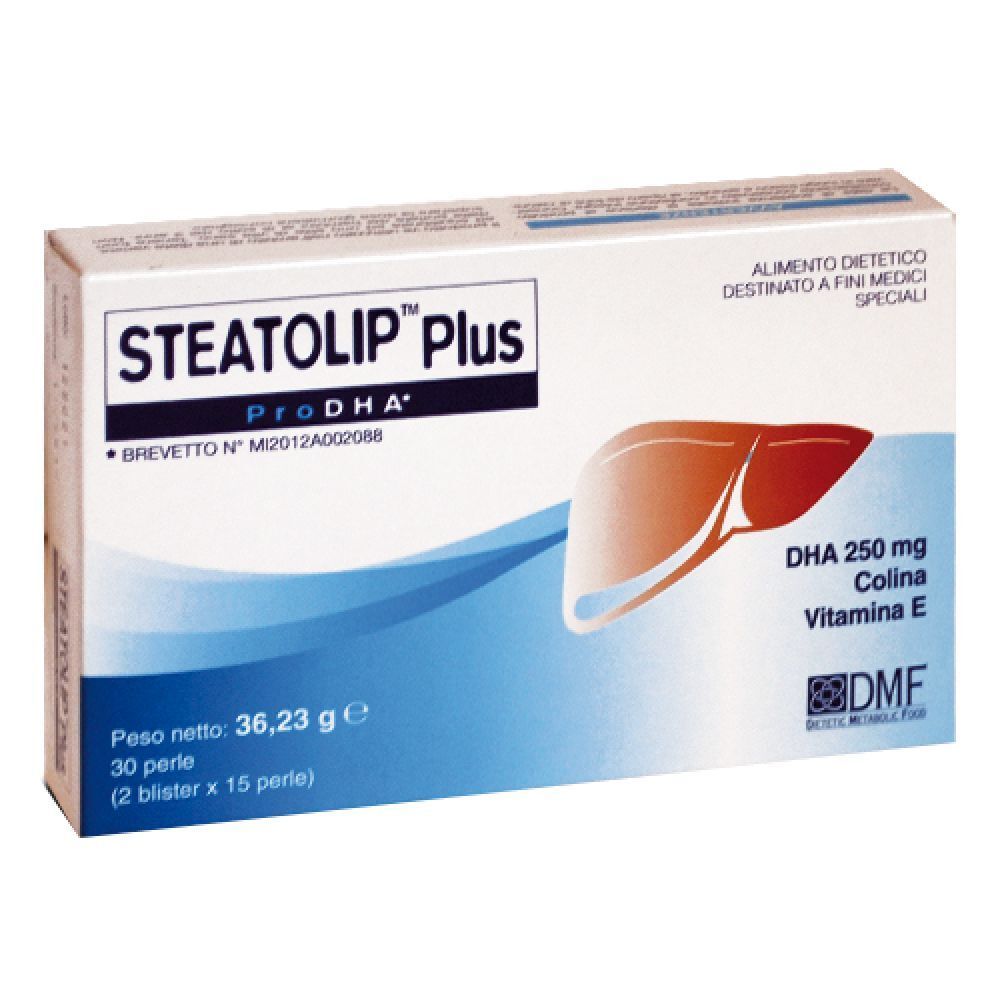 Confezione di "Steatolip Plus". Contiene 30 perle. Scritte: DHA 250 mg, Colina, Vitamina E. Logo DMF.