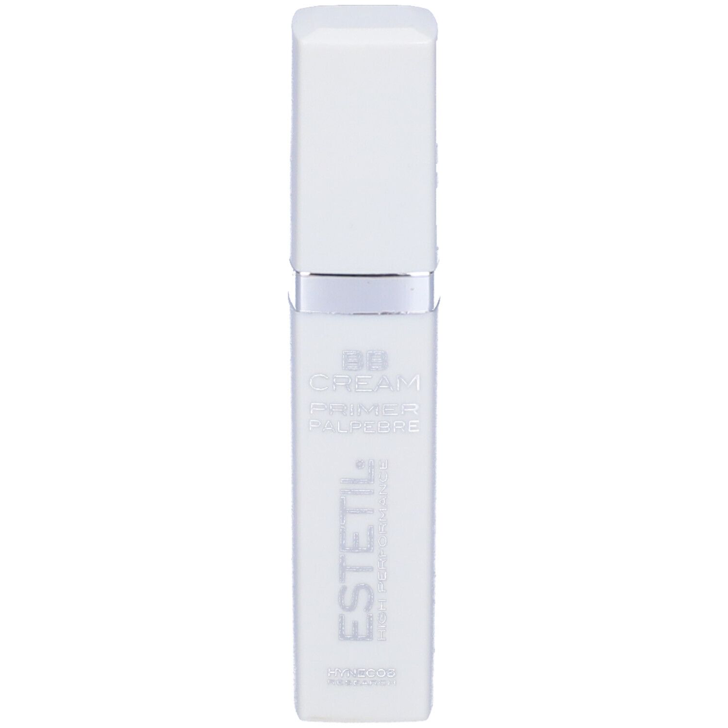 Contenitore bianco rettangolare con anello argentato e tappo. Scritta: ESTETIL, BB CREAM PRIMER PALPEBRE.