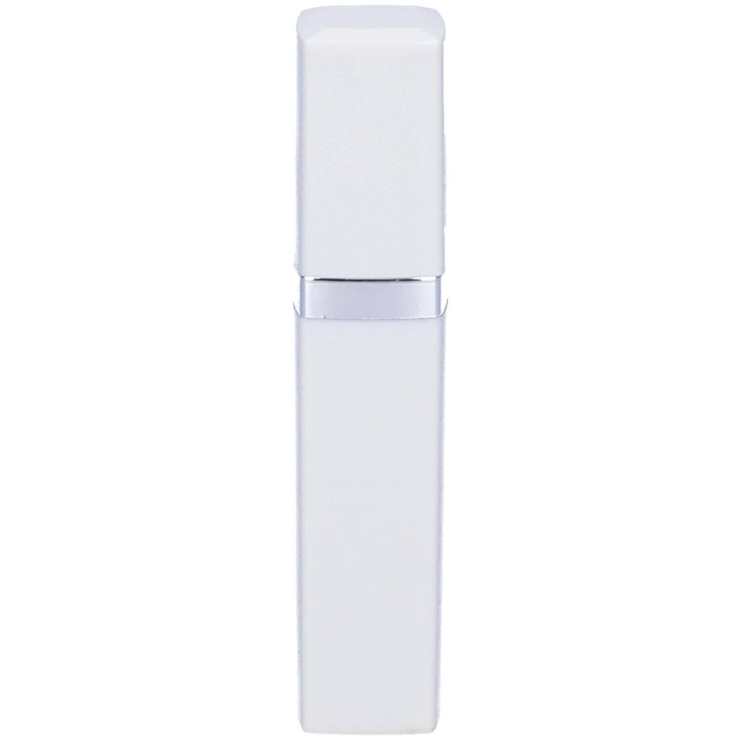 Contenitore bianco rettangolare con anello argentato e tappo. Nessun altro dettaglio visibile.