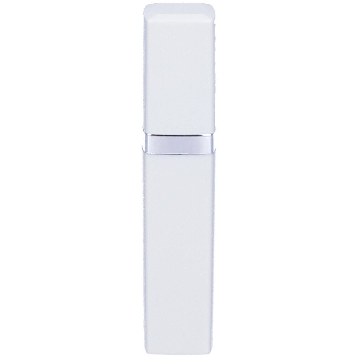 Contenitore bianco rettangolare con anello argentato e tappo. Nessun altro dettaglio visibile.