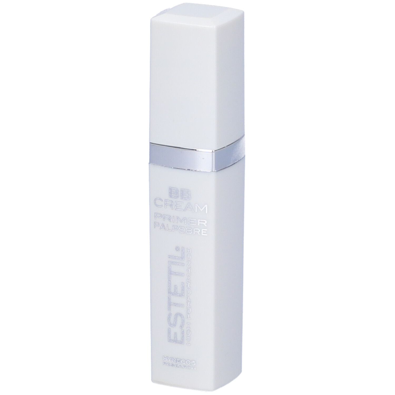 Contenitore bianco rettangolare con anello argentato e tappo. Scritta: BB CREAM PRIMER PALPEBRE, ESTETIL.